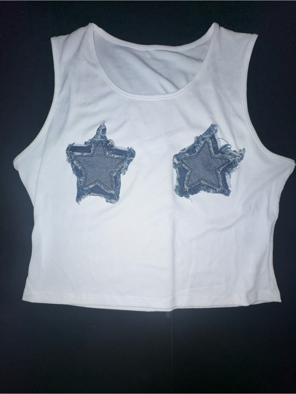White Ribbed Tank Top with Denim Star Patches